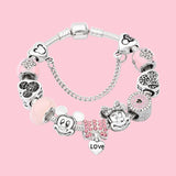Minnie Mickey Pink Glass Bead Set Bracelet S925 Silver Sweet and Romantic