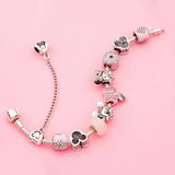 Minnie Mickey Pink Glass Bead Set Bracelet S925 Silver Sweet and Romantic