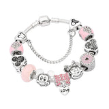 Minnie Mickey Pink Glass Bead Set Bracelet S925 Silver Sweet and Romantic
