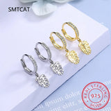 Monstera Leaf Zircon Hoop Earrings 925 Silver Tropical Plant Jewelry