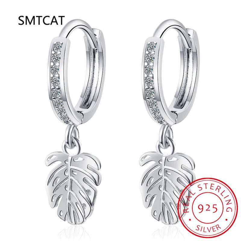Monstera Leaf Zircon Hoop Earrings 925 Silver Tropical Plant Jewelry
