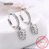 Monstera Leaf Zircon Hoop Earrings 925 Silver Tropical Plant Jewelry