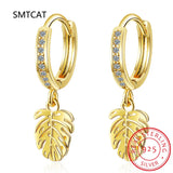 Monstera Leaf Zircon Hoop Earrings 925 Silver Tropical Plant Jewelry