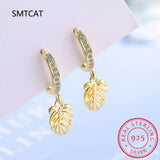 Monstera Leaf Zircon Hoop Earrings 925 Silver Tropical Plant Jewelry