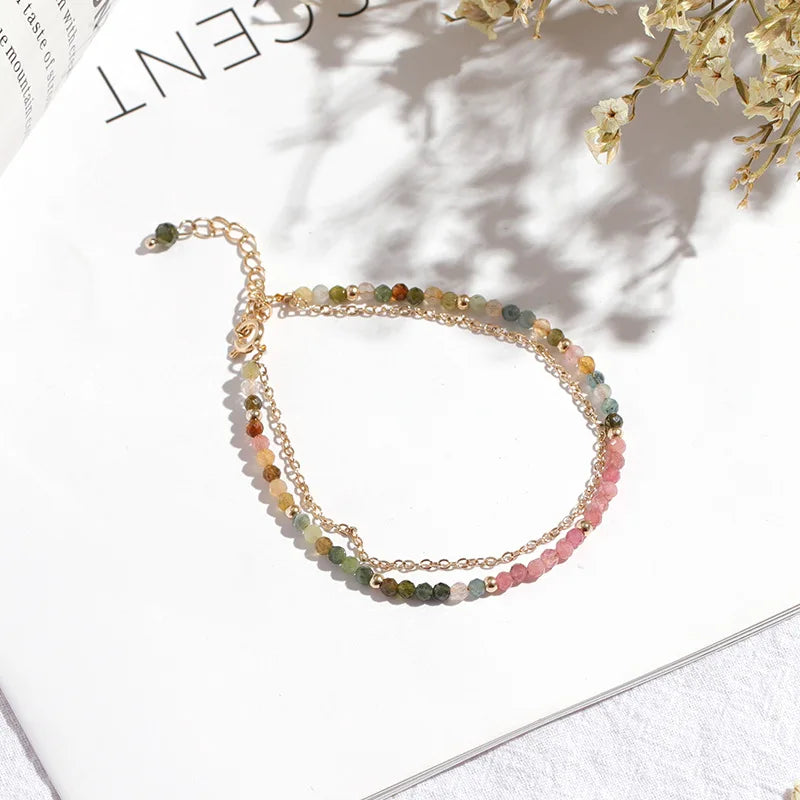 Multicolor Rainbow Tourmaline Double Layer Bracelet for Women