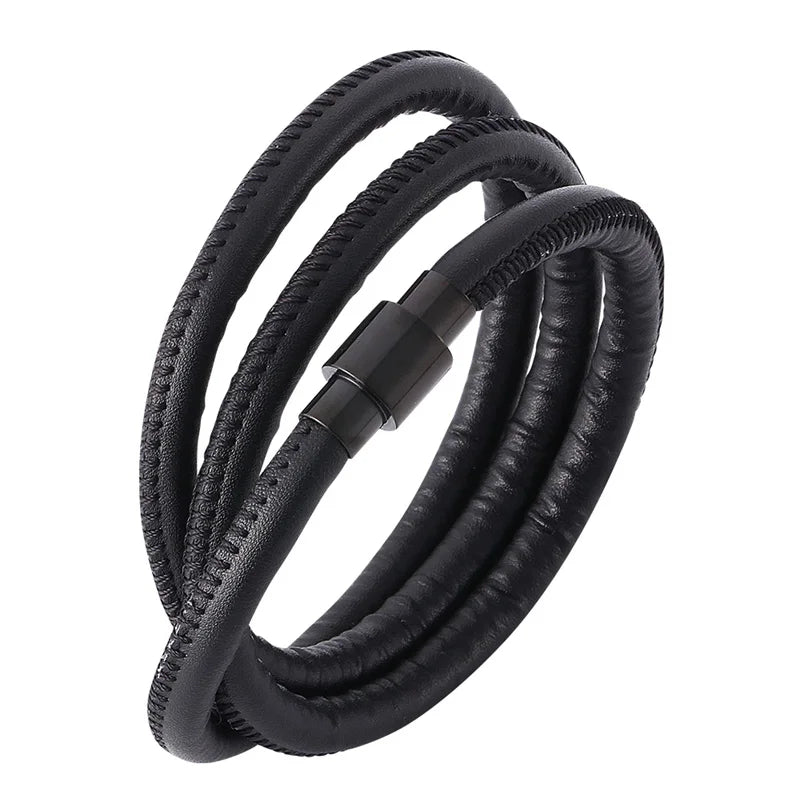 Multilayer Leather Bracelet Stainless Steel Magnetic Clasp Charm Bangle