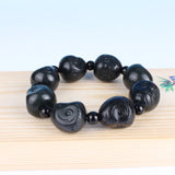 Dark Green Hetian Jade Bracelet 3D Monkey Head Carving Beads Fine Jewelry