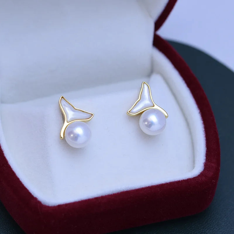 Freshwater 7-8mm Round Pearl Mermaid Earrings 925 Silver Jewelry