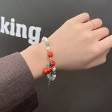 Freshwater Pearls Red Chalcedony Turquoise Gourd Pendant Bracelet