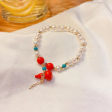 Freshwater Pearls Red Chalcedony Turquoise Gourd Pendant Bracelet