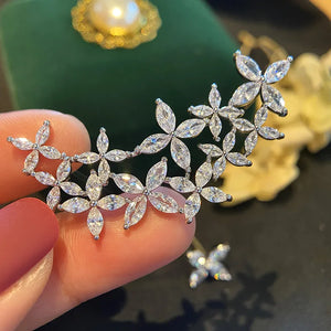 Flower CZ Ear Clip On Earrings Asymmetrical Studs