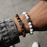 Men's Stainless Steel Cross Charm Bracelet with Tiger Eye Stone Beads