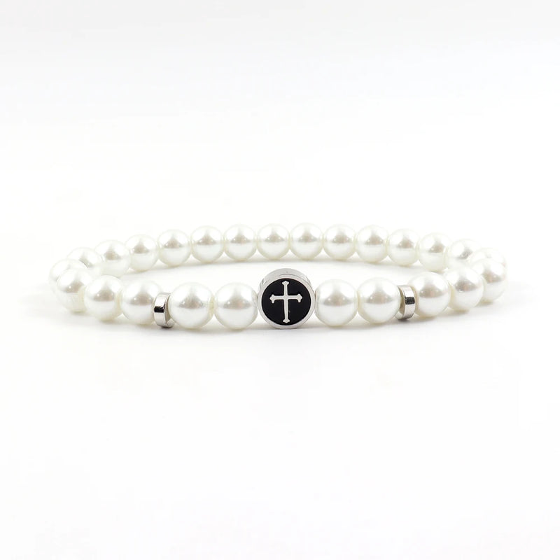 Men's Stainless Steel Cross Charm Bracelet with Tiger Eye Stone Beads