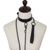 PU Leather Long Harness Choker Necklace Women's BDSM Metal Collar