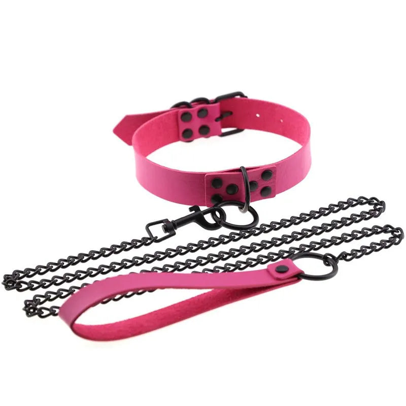 PU Leather Long Harness Choker Necklace Women's BDSM Metal Collar