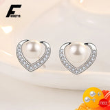 Heart Shape Pearl Stud Earrings 925 Silver Jewelry for Women Wedding Engagement