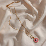 Pink Mushroom Flower Yin Yang Necklace Women Stainless Steel Plated Charm