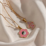 Pink Mushroom Flower Yin Yang Necklace Women Stainless Steel Plated Charm