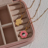 Pink Mushroom Flower Yin Yang Necklace Women Stainless Steel Plated Charm