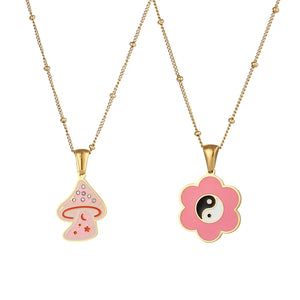 Pink Mushroom Flower Yin Yang Necklace Women Stainless Steel Plated Charm