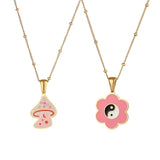 Pink Mushroom Flower Yin Yang Necklace Women Stainless Steel Plated Charm