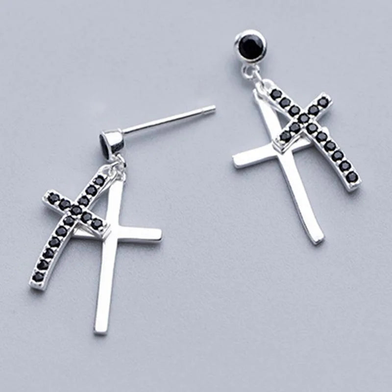 Punk Cross Earrings 925 Sterling Silver Long CZ Statement Girl Gift