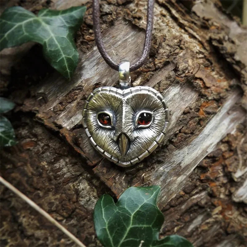 Punk Silver Owl Face Red Stones Heart Pendant Necklace Gothic Unisex