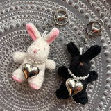 Rabbit Keychain Black/White Cartoon Bunny Heart Pendant Key Rings Plush Doll