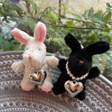 Rabbit Keychain Black/White Cartoon Bunny Heart Pendant Key Rings Plush Doll