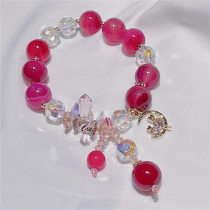 Red Crystal Beaded Hand Chain with CZ Moon Women Charm Bracelet