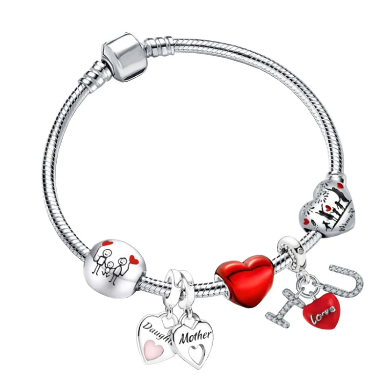 S925 Silver Family Snake Bone Bracelet Set Red Sweet Romantic Women Lover