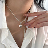 S925 Silver Heart Pendant Necklace in Sweater Chain Adjustable Length