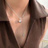 S925 Silver Heart Pendant Necklace in Sweater Chain Adjustable Length