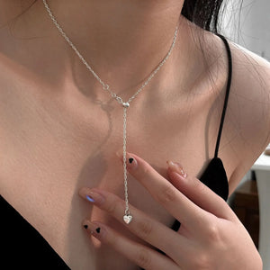 S925 Silver Heart Pendant Necklace in Sweater Chain Adjustable Length