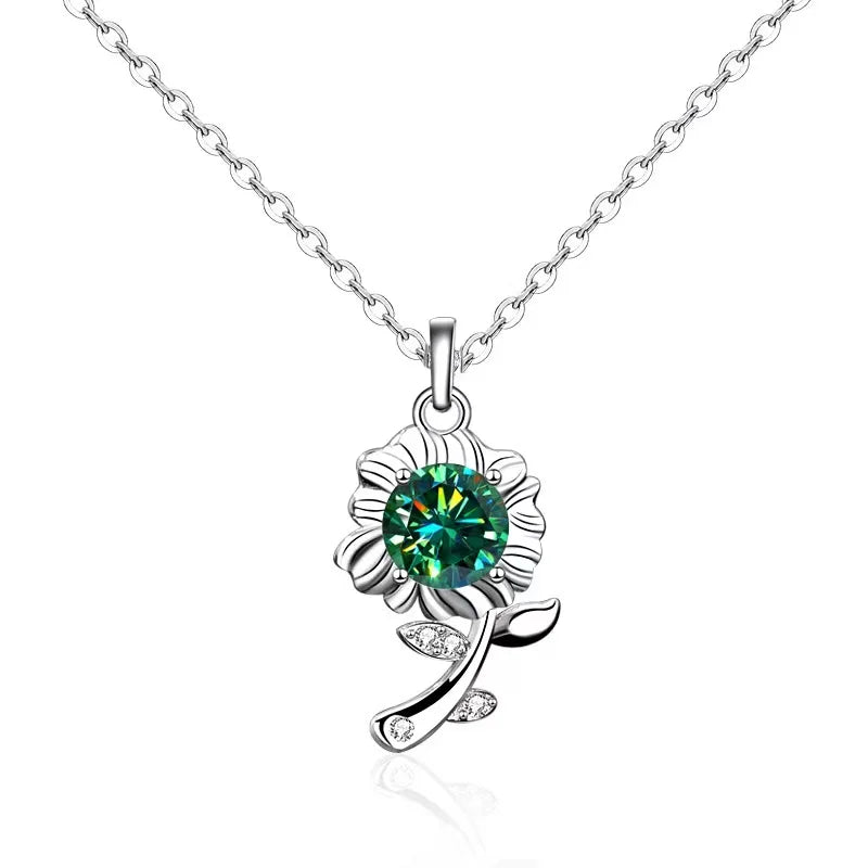 S925 Silver Green Moissanite Sunflower Necklace 0.5ct Diamond Pendant