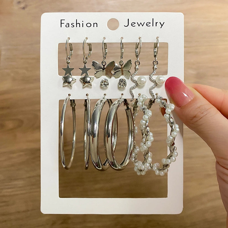 Silver Pearl Butterfly Star Hoop Earrings Set For Women