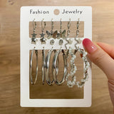 Silver Pearl Butterfly Star Hoop Earrings Set For Women