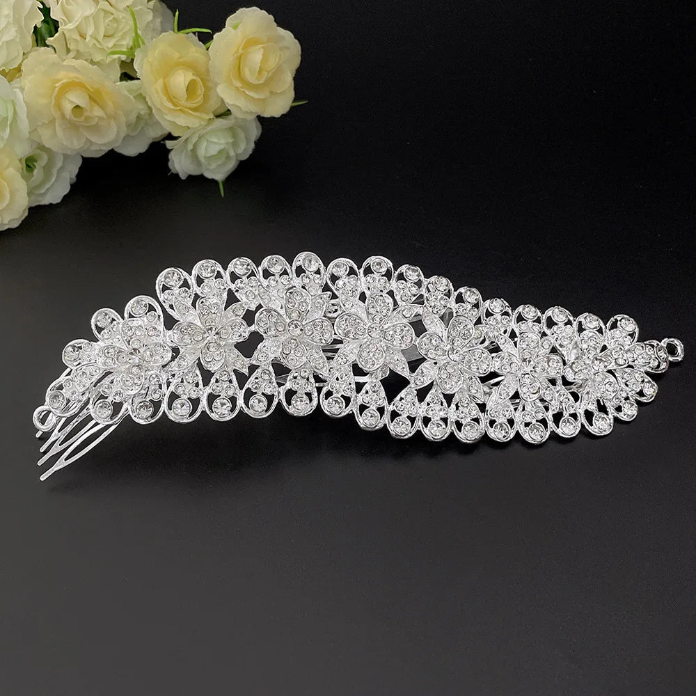 Silver Rhinestone Crystal Hair Combs Wedding Bride Flower Head Accessory