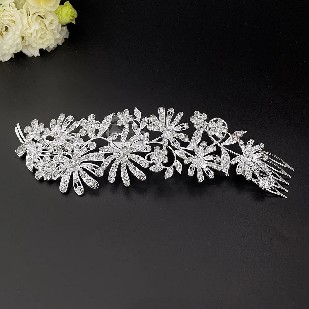 Silver Rhinestone Crystal Hair Combs Wedding Bride Flower Head Accessory