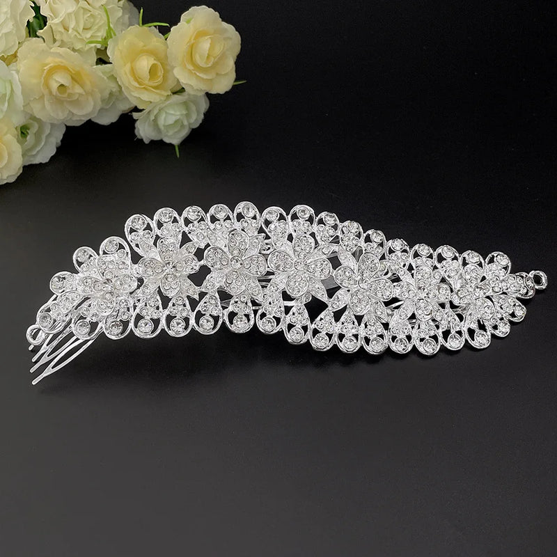 Silver Rhinestone Crystal Hair Combs Wedding Bride Flower Head Accessory