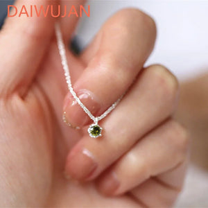 Silver Chain Choker Necklace Green Crystal Pendant