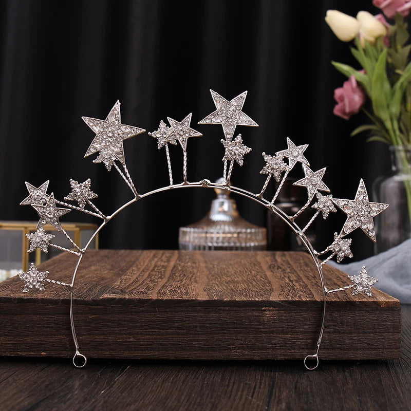 Silver Tiara Crown Stars Queen Diadem Wedding Hair Accessories
