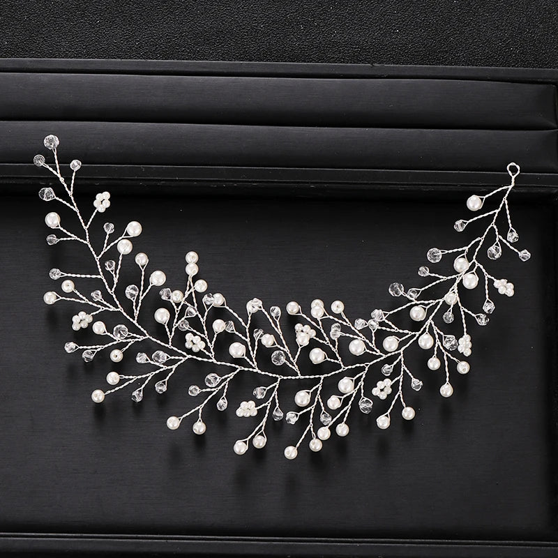 Silver Wedding Headband Baroque Pearl Crystal Bridal Hair Accessories