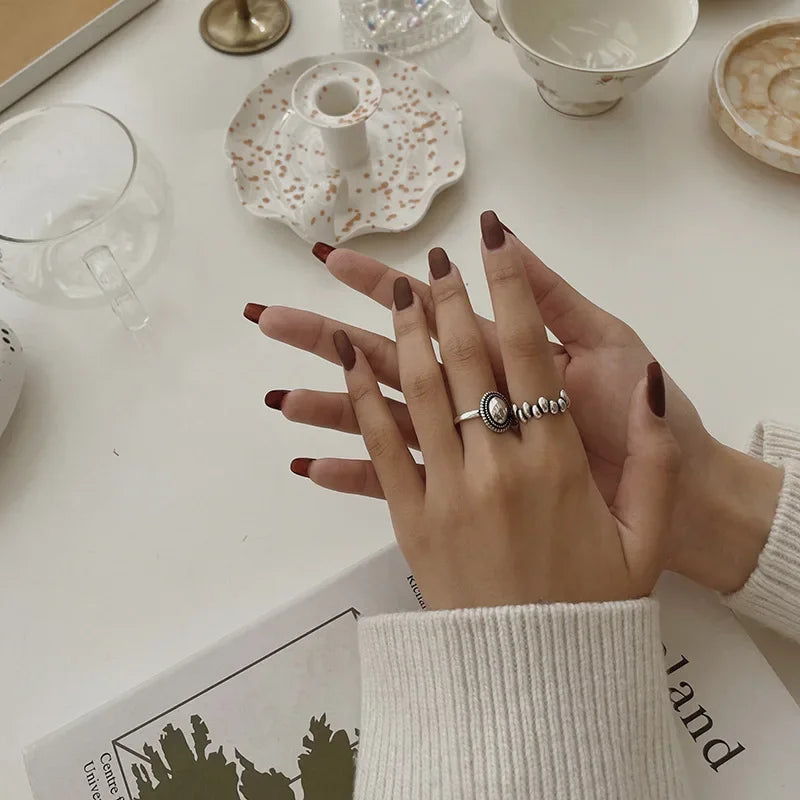 Silver Geometric Irregular Oval Rings for Women Girls Vintage Adjustable