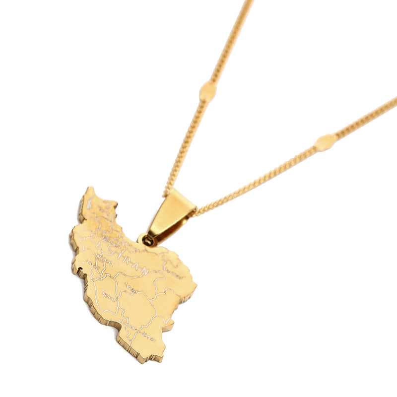 Silver Iran Maps Pendant Necklace Women Men Iranian Neck Chain Charm Jewelry