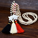 Beige Fringe Necklace Glass Wooden Star Pendant Jewelry