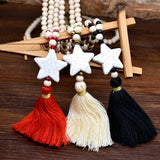 Beige Fringe Necklace Glass Wooden Star Pendant Jewelry
