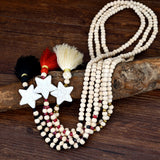 Beige Fringe Necklace Glass Wooden Star Pendant Jewelry