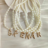 Simulated Pearl Beaded Necklace For Women DIY Golden English Alphabet Letter Ini
