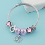 Birds Flowers Bead Bracelet Pink Crystal Charm Bangle Jewelry